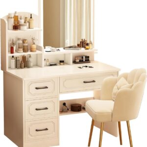 Wooden Vanity Desk with Mirror and Lights for Girls, Makeup Vanity Mirror with Lights Desk