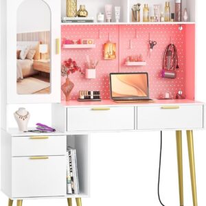 Makeup Vanity with Hutch, White Bedroom Vanity with Charging Station and LED, Tall Vanity Table with Pegboard